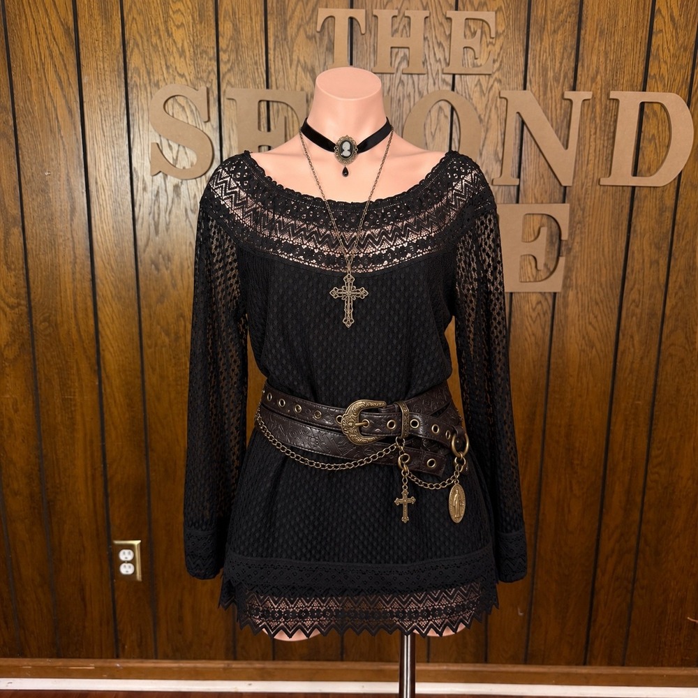 Black Lace Mesh Tunic Top Max Studio Women M Whimsigoth Goth Boho Romantic Witch